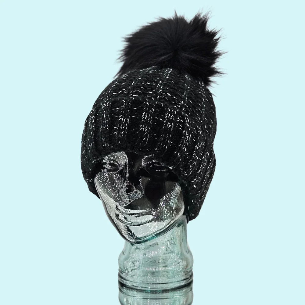 Kyi Kyi Hat Beanie Black Chunky Ribbed Cuffed Faux Fur Pom Pom Cottagecore Gift